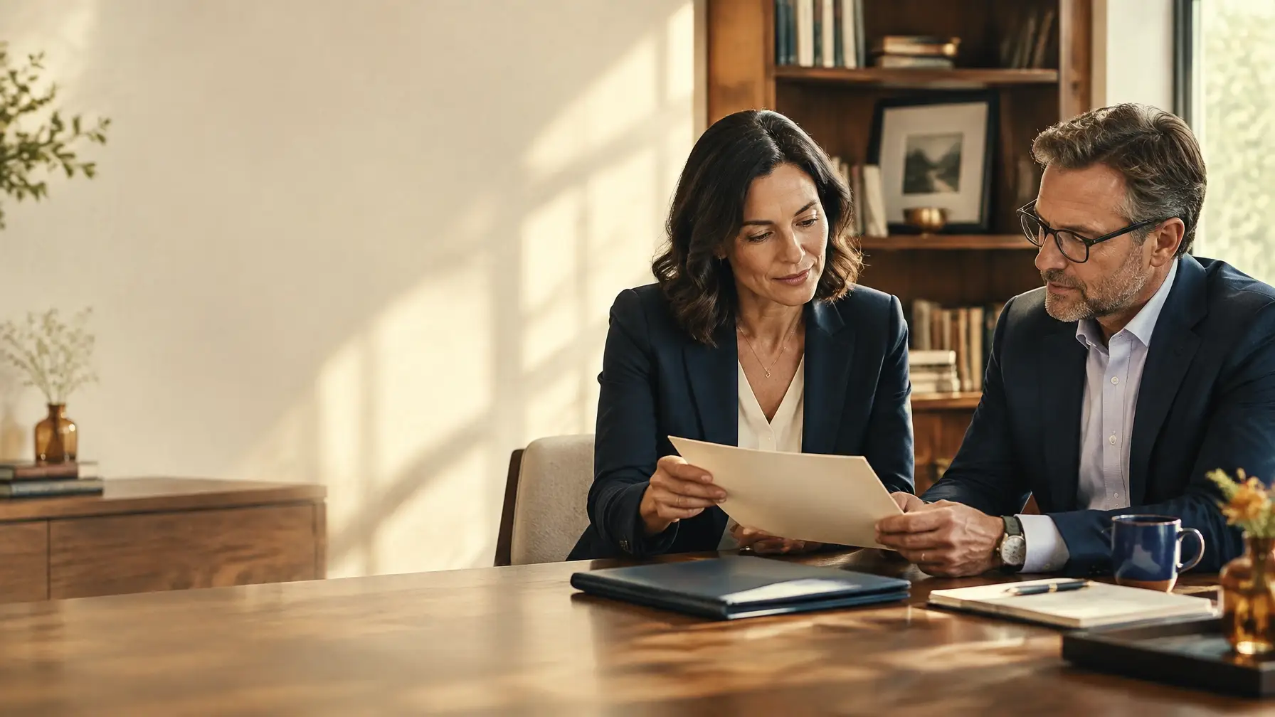 An estate attorney and financial planner reviewing a client handoff together